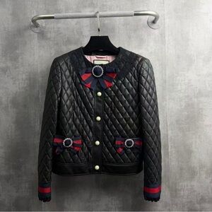 Authentic Gucci Black Quilted Leather Jacket with Red and Blue Details